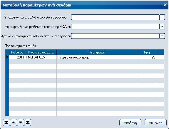 Atlantis Entry ERP Payroll III 299 Παράμετροι σεναρίων Με την εργασία αυτή έχετε την δυνατότητα να ορίσετε ανά σενάριο υπολογισμού τα υποχρεωτικά πεδία, τα οποία θα πρέπει να συμπληρωθούν κατά τη