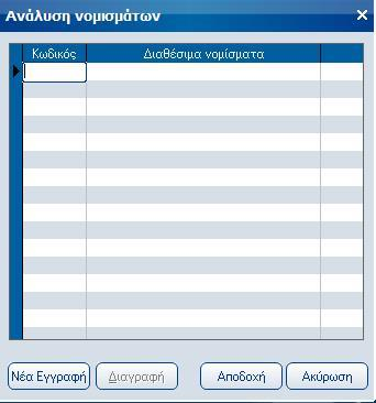 Atlantis Entry ERP Payroll III 300 Ανάλυση νομισμάτων Με την επιλογή αυτή, έχετε τη δυνατότητα να ορίσετε τον πίνακα ανάλυσης νομισμάτων.