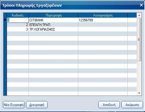Atlantis Entry ERP Payroll III 308 Τρόποι πληρωμής εργαζομένων Με την εργασία αυτή, έχετε τη δυνατότητα να ορίσετε τον πίνακα με τους τρόπους πληρωμής των εργαζομένων.