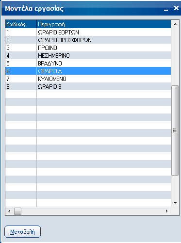 Atlantis Entry ERP Payroll III 312 Μοντέλα εργασίας Με την εργασία αυτή, έχετε τη δυνατότητα να ορίσετε με βάση τα ωράρια εργασίας μοντέλα εργασίας για τους εργαζόμενους.