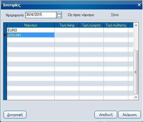 Atlantis Entry ERP Payroll III 352 Ισοτιμίες Με την επιλογή αυτή διαχειρίζεστε τις τιμές συναλλάγματος (τιμή fixing, τιμή αγοράς, τιμή πώλησης) ανά ημέρα για τα νομίσματα που υπάρχουν στον αντίστοιχο