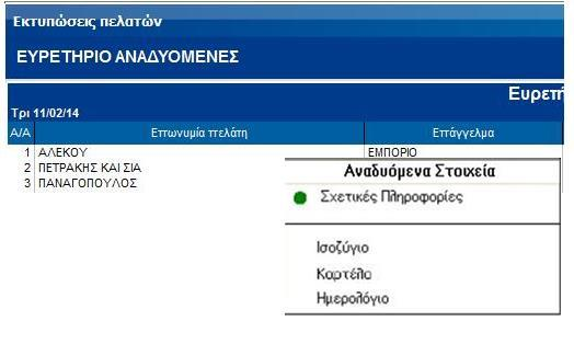 Λειτουργικότητα Το μενού που περιέχει το σετ των συσχετισμένων εκτυπώσεων εμφανίζεται με δεξί click πάνω στη γραμμή της εκτύπωσης.