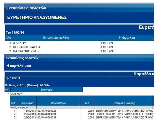 εκτύπωση. Επιλέγοντας μία από τις επιλογές θα εμφανιστεί η αντίστοιχη εκτύπωση. Π.χ. επιλέγετε να εμφανίσετε την καρτέλα ενός συγκεκριμένου πελάτη και έχετε το αποτέλεσμα που εμφανίζεται στην παρακάτω εικόνα.