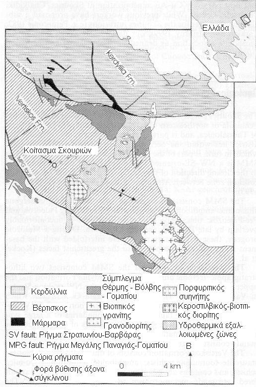 ΚΕΦΑΛΑΙΟ 3 Ο Κόλπος Ορφανού Κόλπος Ιερισσού Εικ. 3.3: Αριστερά: Απλοποιημένος γεωλογικός χάρτης ευρύτερης περιοχής Σκουριών Χαλκιδικής (Frei, 1995).
