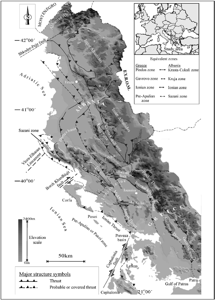 Εικόνα 5: Γεωμορφολογικός χάρτης της δυτικής Ελλάδος και Αλβανίας με τις βασικές τεκτονοστρωματογραφικές δομές (Zelilidis et al.