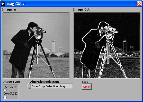 LabVIEW to CCS Link 205 4.2.6 Αποτελέσµατα - Συµπεράσµατα Στο σχήµα 164 παρουσιάζεται το front panel του ImageGUI.vi όταν ολοκληρωθεί η ανίχνευση των ακµών της εικόνα cameraman.