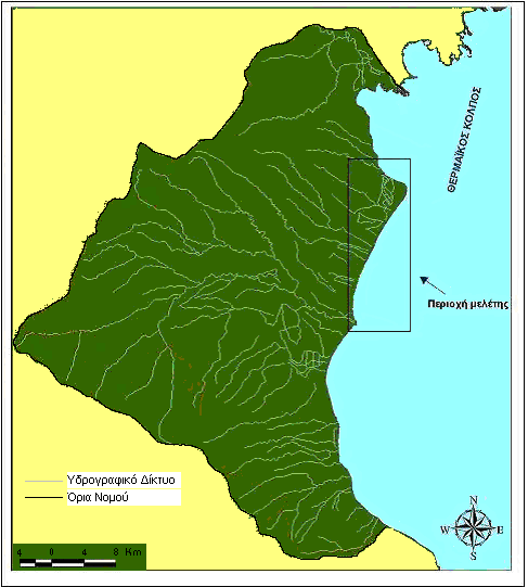 Σχήμα 4.2. Χάρτης υδρογραφικού δικτύου του νομού Πιερίας, με την θέση της περιοχής μελέτης. (πηγή: Γ.Υ.