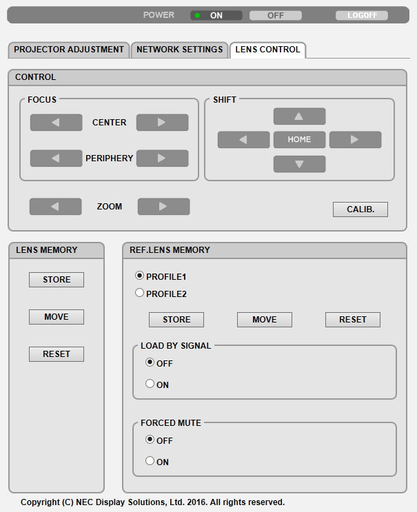 3. Πρακτικές Λειτουργίες LENS CONTROL CONTROL FOCUS CENTER Ευθυγραμμίστε την εστίαση γύρω από τον οπτικό άξονα. PERIPHERY Ευθυγραμμίστε την εστίαση για την περιμετρική περιοχή της οθόνης.