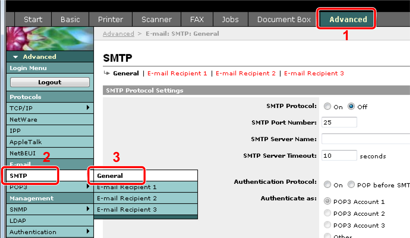 Προετοιμασία πριν από τη χρήση > Embedded Web Server (Ρυθμίσεις για e-mail) Αποστολή E-mail Ο καθορισμός των ρυθμίσεων SMTP επιτρέπει την αποστολή εικόνων που έχουν φορτωθεί σε αυτό το μηχάνημα, ως