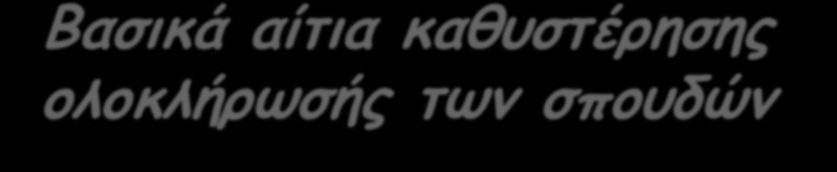 Βασικά αίτια καθυστέρησης ολοκλήρωσής των σπουδών 87% των αποφοίτων που τελείωσαν μετά τα 6 χρόνια εργαζόταν και δεν είχαν αρκετό χρόνο για τις σπουδές τους 42% των αποφοίτων που τελείωσαν τις