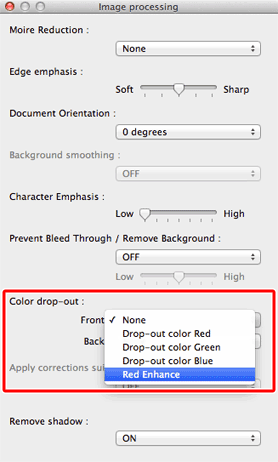 Πρακτικά παραδείγματα Κάντε κλικ στο κουμπί [Image processing] [Επεξεργασία εικόνας] και ορίστε τη ρύθμιση [Red Enhance] [Βελτίωση κόκκινου] στην επιλογή [Color dropout] [Παράλειψη χρώματος] στο