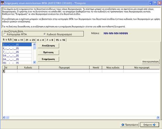 Στο σημείο αυτό ενημερώνεται το λογιστικό σχέδιο με τους νέους λογαριασμούς. Το σύστημα προτείνει μια σειρά από νέους λογαριασμούς σύμφωνα με τη μάσκα Κωδικού Λογαριασμού.