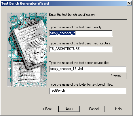 C.2 ΑΥΤΟΜΑΤΗ ΔΗΜΙΟΥΡΓΙΑ TEST BENCH ΜΕ ΤΟ ACTIVE HDL 45 Σχ. 3.4: Test Bench Generator Wizard παράθυρο 3 Το επόμενο (σχήμα 3.5) είναι το τελευταία παράθυρο του Test Bench Generator Wizard.