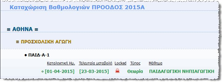 ΔΙΑΧΕΙΡΙΣΗ ΚΑΤΑΧΩΡΙΣΗΣ ΒΑΘΜΟΛΟΓΙΩΝ Αναλυτική περιγραφή Εμφανίζεται η περίοδος Καταχώρισης των βαθμολογιών π.χ. «ΠΡΟΟΔΟΣ 2015Α» Εμφανίζεται η περιοχή στην οποία αντιστοιχούν τα μαθήματα που θα εμφανιστούν στη συνέχεια π.