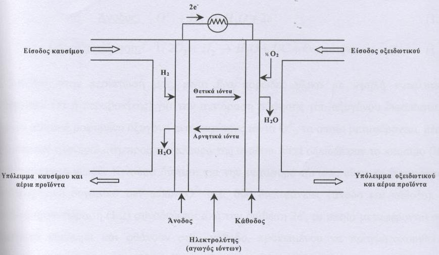 χήμα 1: Συπική αναπαράσταση μιας κυψελίδας καυσίμου (Fuel Cell) [1] Όπως βλέπουμε στο παραπάνω σχήμα η άνοδος έχει συνδεθεί με την κάθοδο με ένα εξωτερικό φορτίο αντίστασης, έτσι ώστε το κύκλωμα να