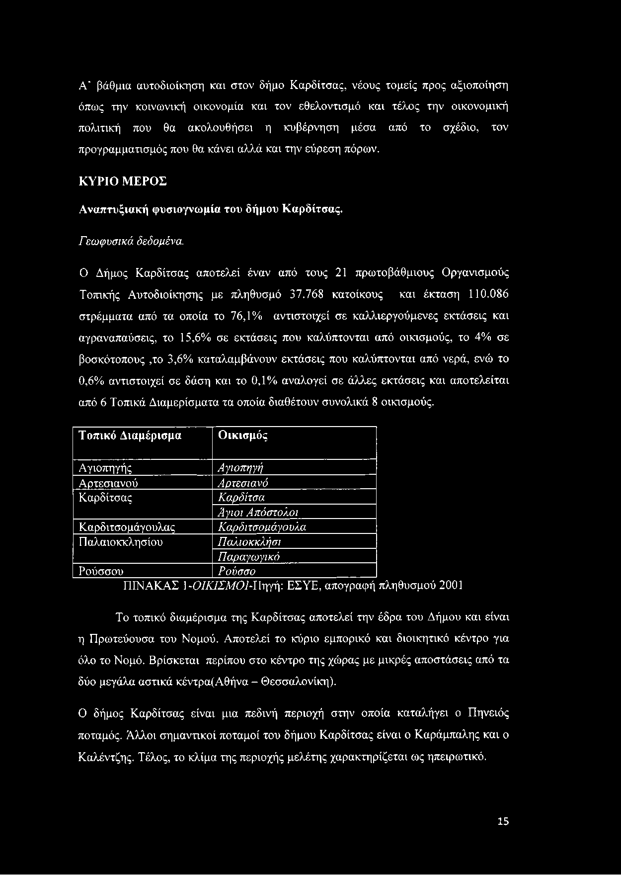 Ο Δήμος Καρδίτσας αποτελεί έναν από τους 21 πρωτοβάθμιους Οργανισμούς Τοπικής Αυτοδιοίκησης με πληθυσμό 37.768 κατοίκους και έκταση 110.