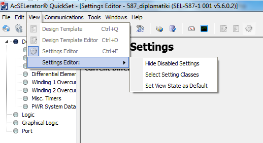 3 View menu (μενού όψης) Εικόνα 4.8: Μενού Όψης Στο μενού όψης είναι ενεργοποιημένη μόνο η λειτουργία Settings Editor.