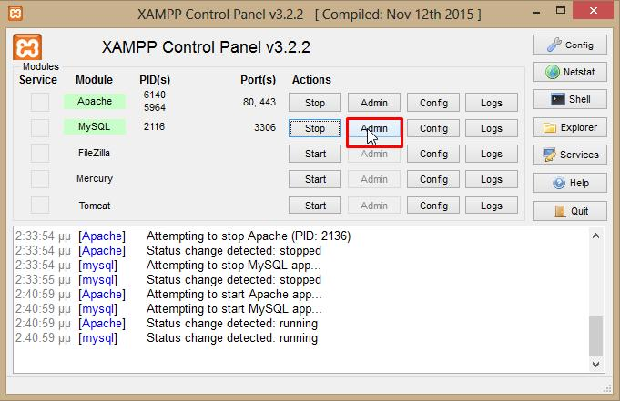 I. Από το XAMPP control επιλέγεται το Admin της