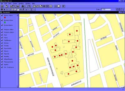 Σχ. 4 Απεικόνιση θέσης κτιρίων στο χάρτη GIS της Θεσσαλονίκης 5 ΑΠΟΤΕΛΕΣΜΑΤΑ Για καθένα από τα 331 νοσοκοµειακά κτίρια υπολογίσθηκε η τελική οµική Βαθµολογία µε βάση δύο µεθόδους.