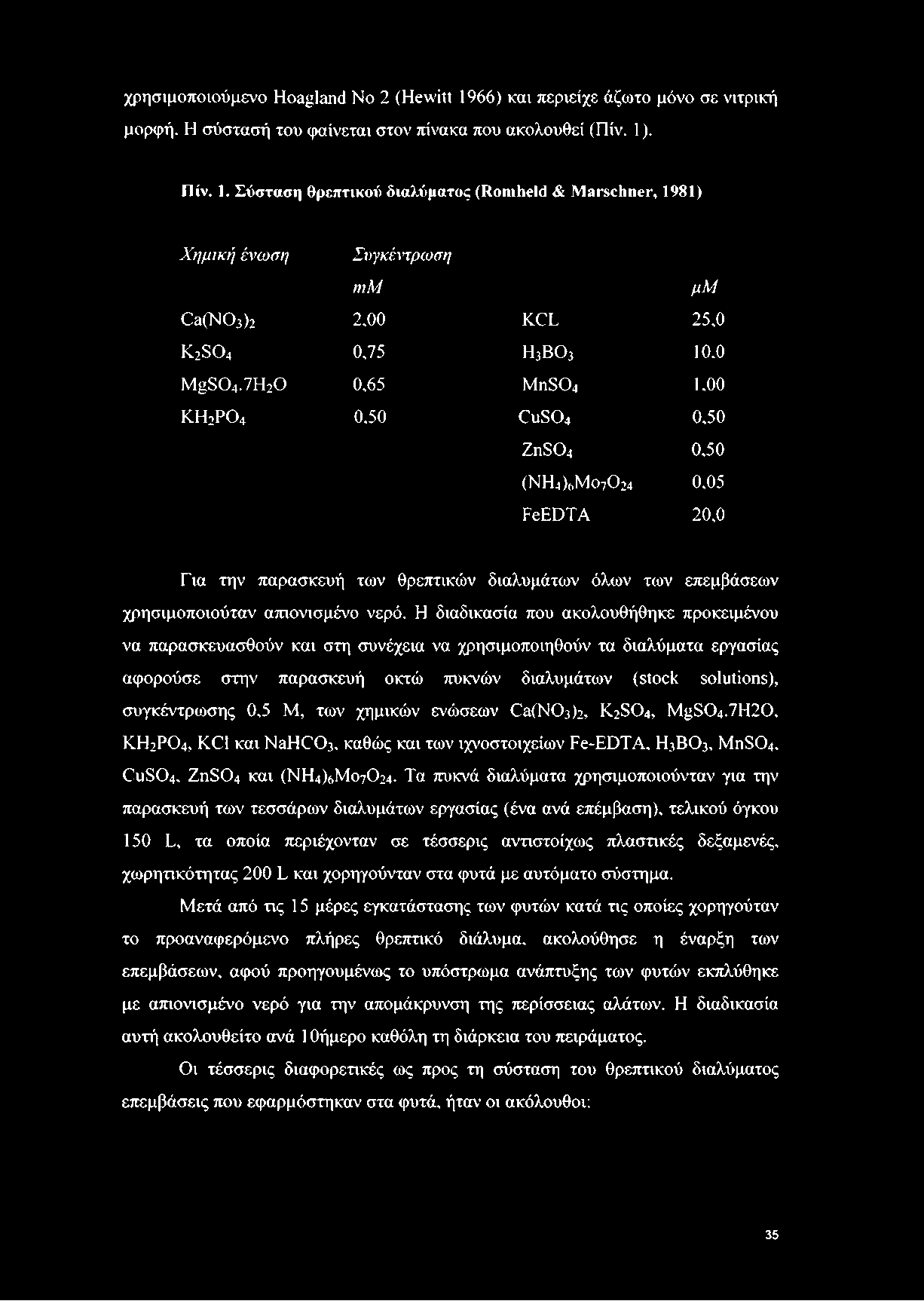 7H20 0,65 MnS04 1, 0 0 ΚΗ2ΡΟ4 0,50 CuS04 0,50 ZnS04 0,50 (ΝΗ4)6Μθ7θ 24 0,05 FeEDTA 2 0, 0 Για την παρασκευή των θρεπτικών διαλυμάτων όλων των επεμβάσεων χρησιμοποιούταν απιονισμένο νερό.