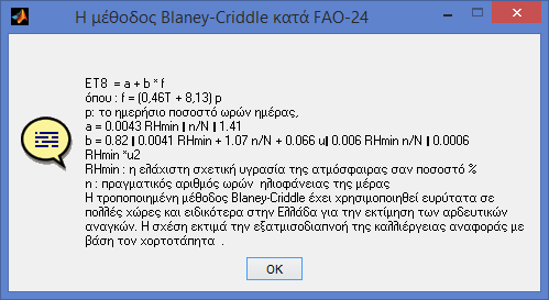 Εικόνα 9. Η μέθοδος Blaney-Criddle Κάτω από την επιλογή Edit εμφανίζεται η δυνατότητα αντιγραφής των αποτελεσμάτων για την εύκολη επικόλληση τους σε άλλο πρόγραμμα, μέσω του clipboard.