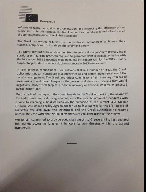 Το κείμενο στα αγγλικά The Eurogroup reiterates its appreciation for the remarkable adjustment efforts undertaken by