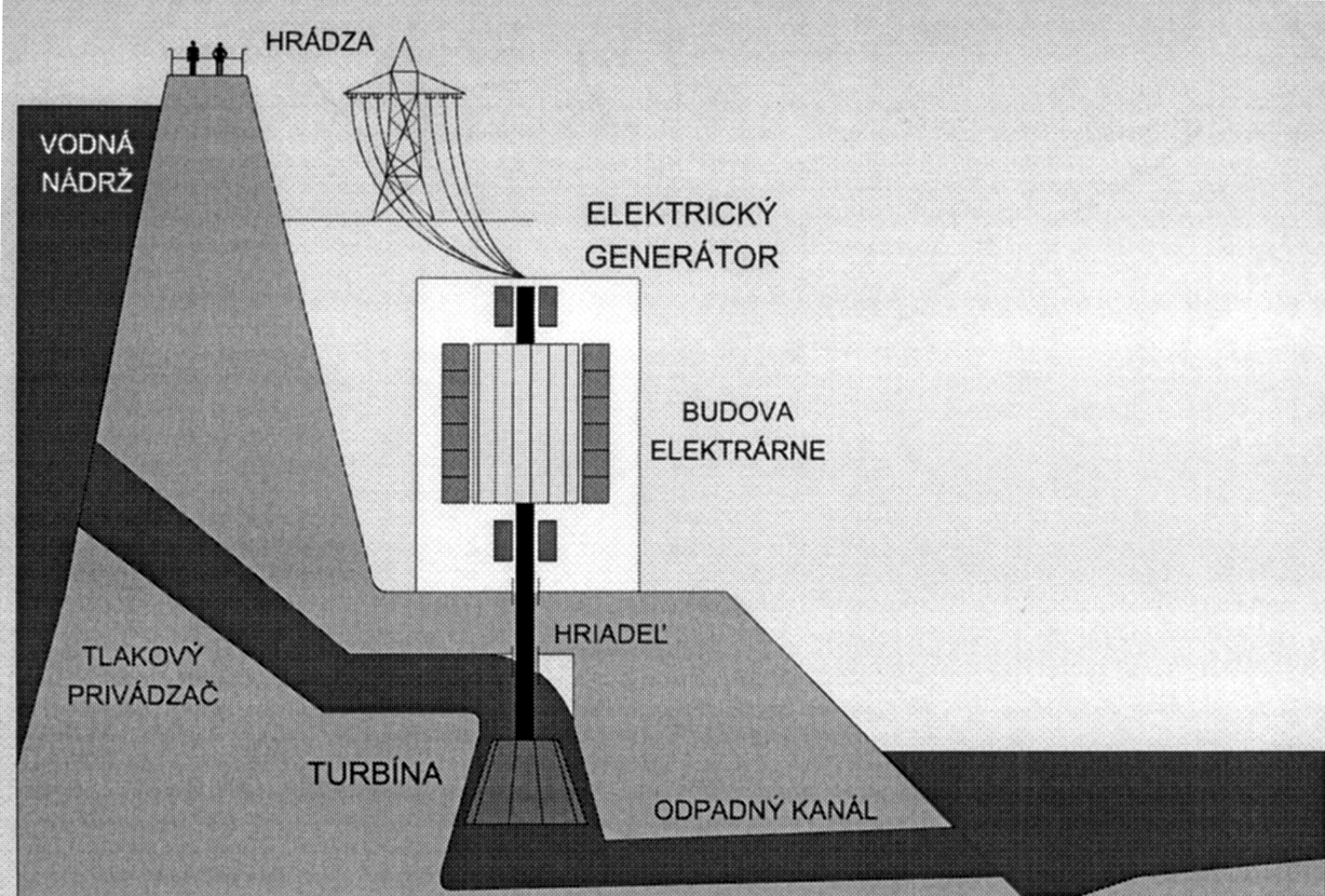 Schéma vodnej elektrárne 7.4. Typy vodných turbín Najstarším typom vodnej turbíny je vodné koleso, ktoré je poháňané prirodzeným spádom vody.
