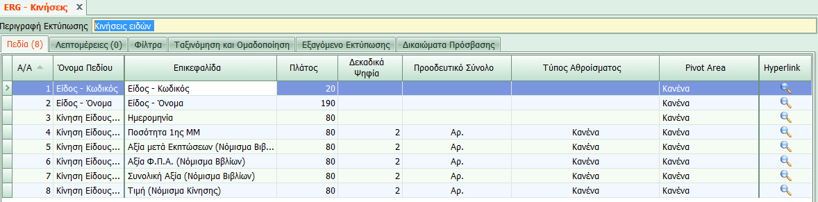 Επιπρόσθετα, παρέχεται η πληροφορία για το μήκος των πεδίων, τον τύπο τους, αν είναι πεδίο χαρακτήρων ή αριθμητικό, καθώς επίσης και το όνομά τους στην βάση δεδομένων της εφαρμογής.