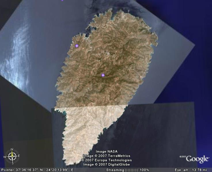 Δορυφορικές Φωτογραφίες Παρακάτω θα δωθούν δορυφορικές φωτογραφίες της Κέας σε διάφορα επίπεδα (Από μια γενική άποψη του νησιού του Νομού Κυκλάδων εώς τη