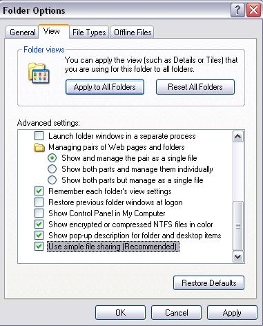 Στο Advanced Settings βρίσκουμε την επιλογή Use simple file sharing (Recommended), όπως φαίνεται και στην εικόνα, και την απενεργοποιούμε.