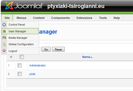 5.4. User Manager Αν επιλέξουμε Site και μετά User Manager θα μεταφερθούμε στην περιοχή από την οποία ελέγχουμε όλους τους λογαριασμούς των εγγεγραμμένων χρηστών. Εικόνα 18 : Επιλογή User Manager 5.5. Media Manager Αντίστοιχα από τον Media Manager που βρίσκεται ακριβώς από κάτω μπορούμε να ανεβάσουμε αρχεία και να πραγματοποιήσουμε τη βασική διαχείρισή τους.