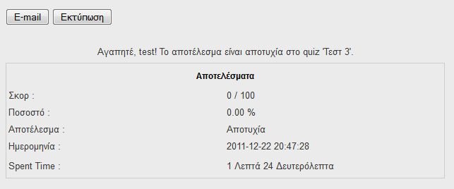 Εικόνα 31 : Αποτελέσματα Test Μετά το πέρας του χρόνου αποτύχαμε στο τεστ.