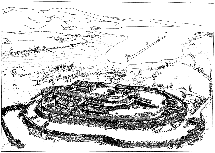 Εικόνα 71: Αναπαράσταση του νεολιθικού οικισμού Διμηνίου και της τότε ακτογραμμής. Θέαση προς τα ανατολικά. Από Zangger (1991). 3.