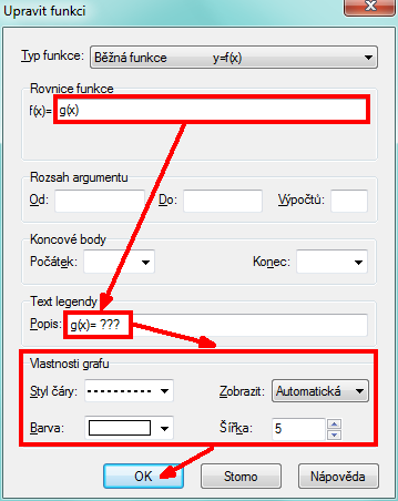 3. Príkazom Vložit funkci doplníme rovnicu funkcie f(x)= zápisom g(x) a v texte legendy upravíme jej opis napríklad na tvar g(x)=???, ktorý sa zobrazí v Zozname funkcií aj v legende grafu.