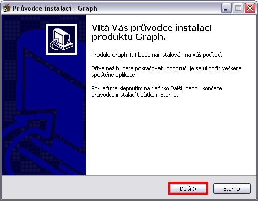 Z vlastnej skúsenosti odporúčame kliknúť na tlačidlo nachádzajúce sa v ponuke vľavo. Privíta nás okno Průvodce instalací Graph (obr.