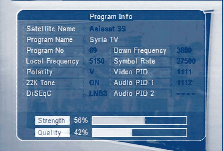 6.0 Ďalšie operačné funkcie 6.1 Systémové informácie V normálnom režime (bez použitia menu) stlačte 2 x tlačidlo INFO. Následne sa zobrazí na obrazovke,,program Info.