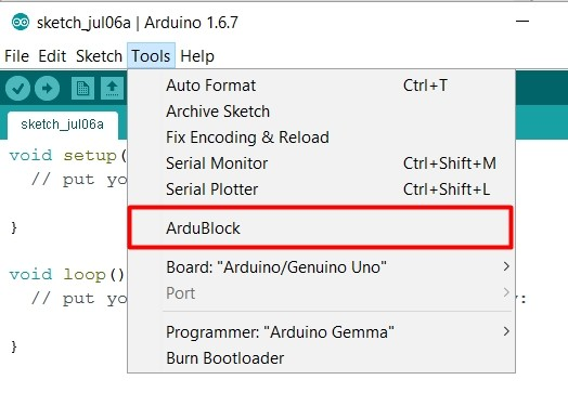 2 Από το μενού Tools επιλέξτε Ardublock για