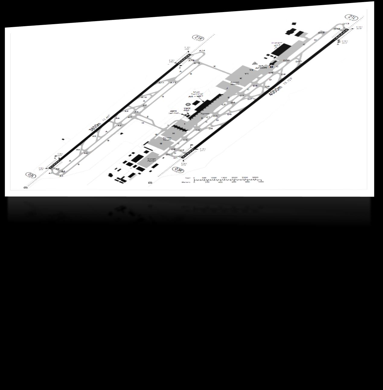 Διάδρομοι: Runway: 03R Length x Width: 13123 ft x 148 ft Surface Type: asphalt TDZ-Elev: 271 ft Lighting: Edge, ALS, Centerline, TDZ Displaced Threshold: 984 ft Runway: 21L Length x Width: 13123 ft x