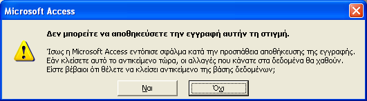 Εικόνα 4.15: Μήνυμα για την ύπαρξη διπλότυπων εγγραφών σε ευρετήριο ή πρωτεύον κλειδί Εικόνα 4.