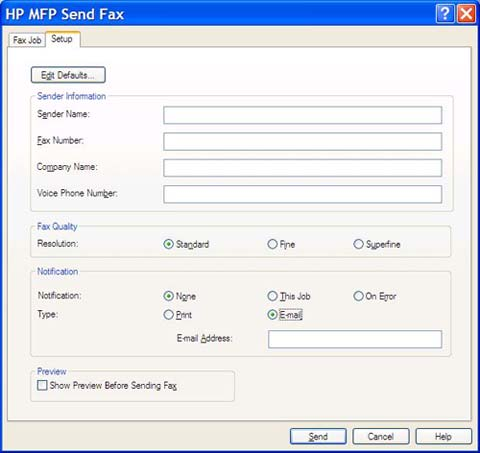 β. Στο παράθυρο διαλόγου HP MFP Send Fax, κάντε κλικ στην καρτέλα Fax Job (Εργασία φαξ). ΣΗΜΕΙΩΣΗ Οι πληροφορίες εγκατάστασης δεν απαιτούνται για την αποστολή μιας δοκιμαστικής σελίδας.