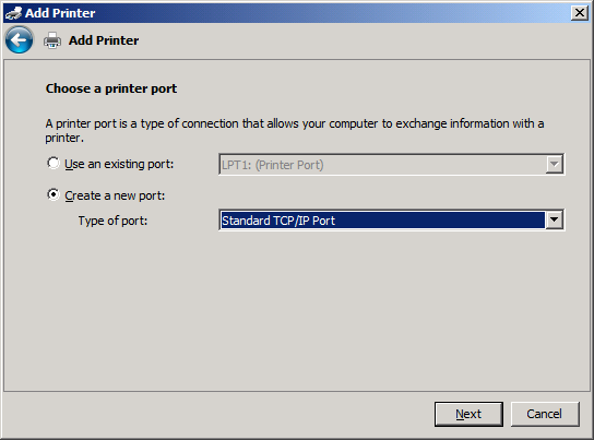 8. Αν ο υπολογιστής σας δεν είναι συνδεδεμένος στο MFP, επιλέξτε Create a new port (Δημιουργία νέας θύρας) στην ενότητα Choose a printer port (Επιλογή θύρας εκτυπωτή).