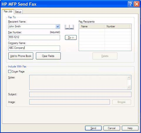 5. Στην ενότητα Fax To (Φαξ προς) του παραθύρου διαλόγου HP MFP Send Fax, πληκτρολογήστε το όνομα του παραλήπτη, τον αριθμό του φαξ και το όνομα της εταιρείας.