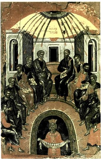 Η Πεντηκοστή Εικόνα στη μονή Σταυρονικήτα, Αγιο Όρος, 16 ος αι Το Άγιο Πνεύμα θα είναι ο νέος Παράκλητος, που θα παραμείνει στην Εκκλησία και θα την εμπνέει με τη χάρη του.