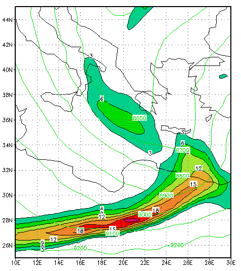 Σχήμα 45:Θετική μεταφορά στροβιλισμού (m/s 2 ) και γεωδυναμικό ύψος (gpm) των 300hPa στις 22/1/2004 0600UTC Στις 22/1/2004 1200UTC, όταν σημειώνεται η ελάχιστη ατμοσφαιρική πίεση στην επιφάνεια,