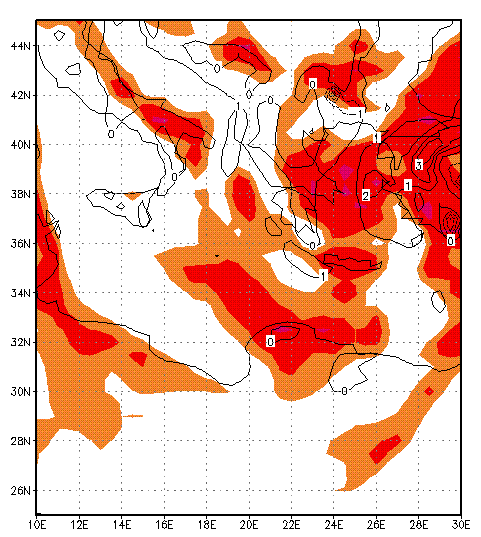 Στις 22/1/2004 1200UTC, όπως διακρίνεται στο Σχήμα 51, όταν σημειώνεται η ελάχιστη πίεση στην επιφάνεια, ακριβώς πάνω από το επιφανειακό κέντρο στα 850hPa εντοπίζεται κέντρο δυναμικού στροβιλισμού