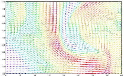 Σχήμα 11:Άνεμος 300hPa 22/1/2004 1200UTC Στη στάθμη των 850hPa σημειώνεται ακόμη μεγαλύτερη βάθυνση του βαρομετρικού αυλώνα.