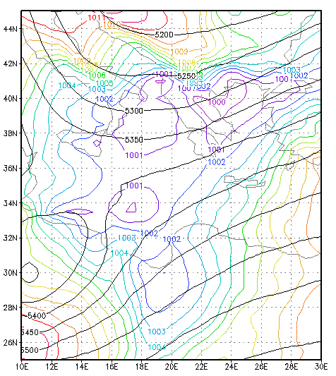 Σχήμα 12:Γεωδυναμικό (gpm) 500hPa και πίεση ΜΣΘ (hpa) στις 21/1/2004 1200UTC Στο Σχήμα 4 απεικονίζεται το διανυσματικό πεδίο του ανέμου στη στάθμη των 500hPa.