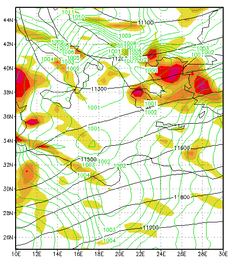 Σχήμα 30: Πίεση ΜΣΘ (hpa), γεωδυναμικό (gpm) στα 200 hpa και απόκλιση (10-6 s -1 ) στα 200hPa τη χρονική στιγμή 21/1/2004 1200UTC Τη χρονική στιγμή 8, δηλαδή στις 21/1/2004 1800UTC όπως φάνηκε από το