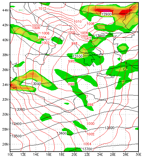 Σχήμα 31: Πίεση ΜΣΘ (hpa), γεωδυναμικό (gpm) στα 150 hpa και απόκλιση (10-6 s -1 ) στα 150hPa τη χρονική στιγμή 21/1/2004 1800UTC Στις 22/1/2004 0000UTC, δηλαδή τη χρονική στιγμή 9, όταν το κέντρο