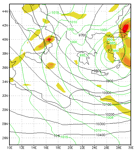 Σχήμα 34: Πίεση ΜΣΘ (hpa), γεωδυναμικό (gpm) στα 250 hpa και απόκλιση (10-6 s -1 ) στα 250hPa τη χρονική στιγμή 22/1/2004 1200UTC Γενικότερα μπορούμε να συμπεράνουμε σχετικά με την απόκλιση των